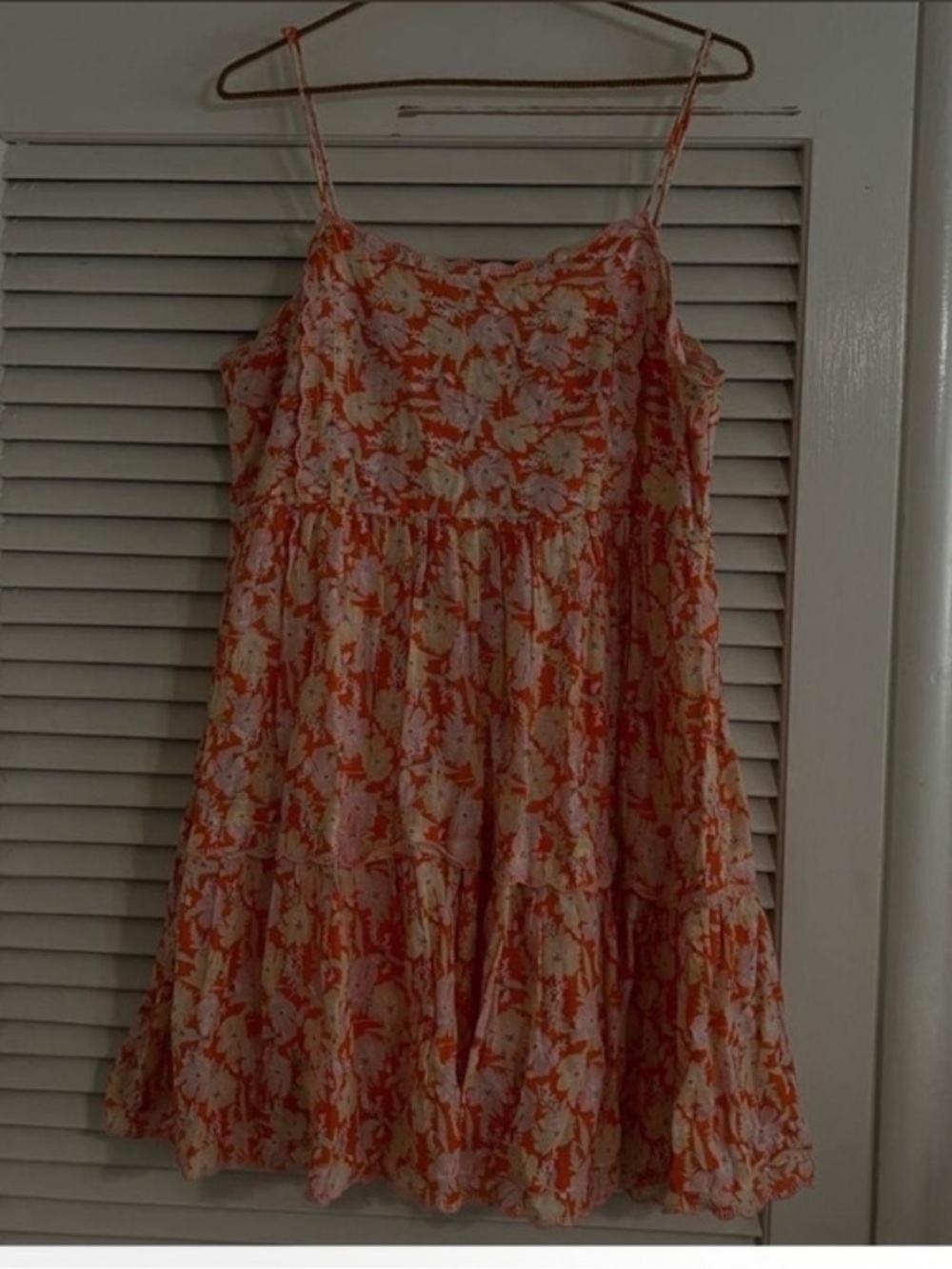 Urban Outfitters Orange Pink Floral Hanna scallop Boho babydoll mini dress